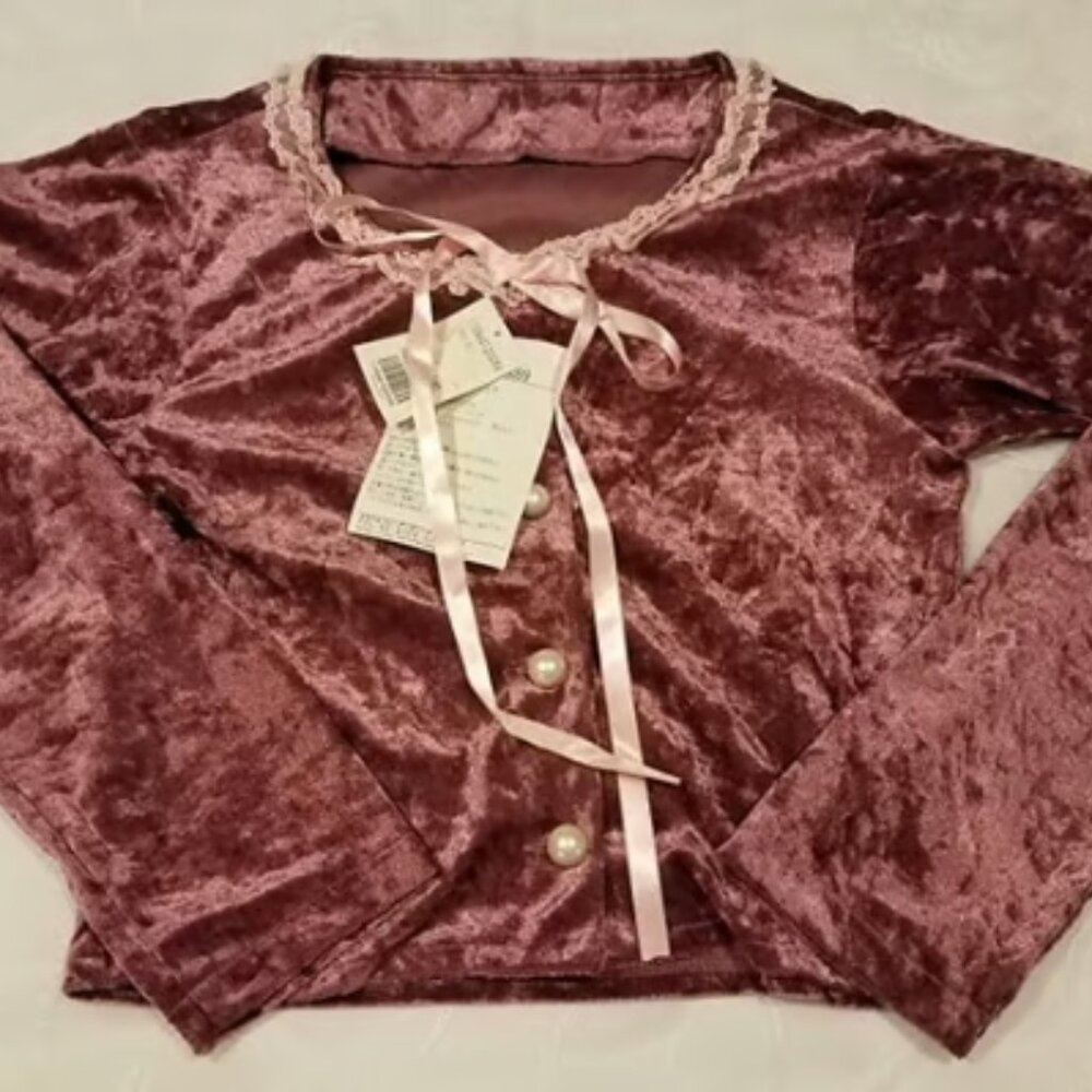 BRAND NEW Metamorphose Honey Picnic Wine Red Crushed Velvet Cardigan